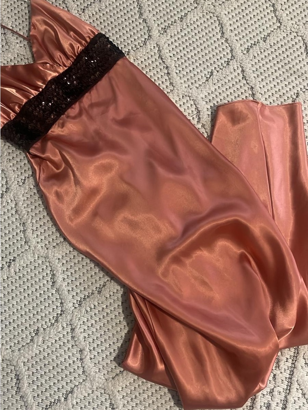 Zum Zum by Niki Livas Coral Satin Maxi Dress with Black Overlay